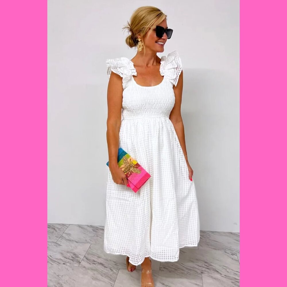WHITE RUFFLE SHOULDER MIDI DRESS (XL)
